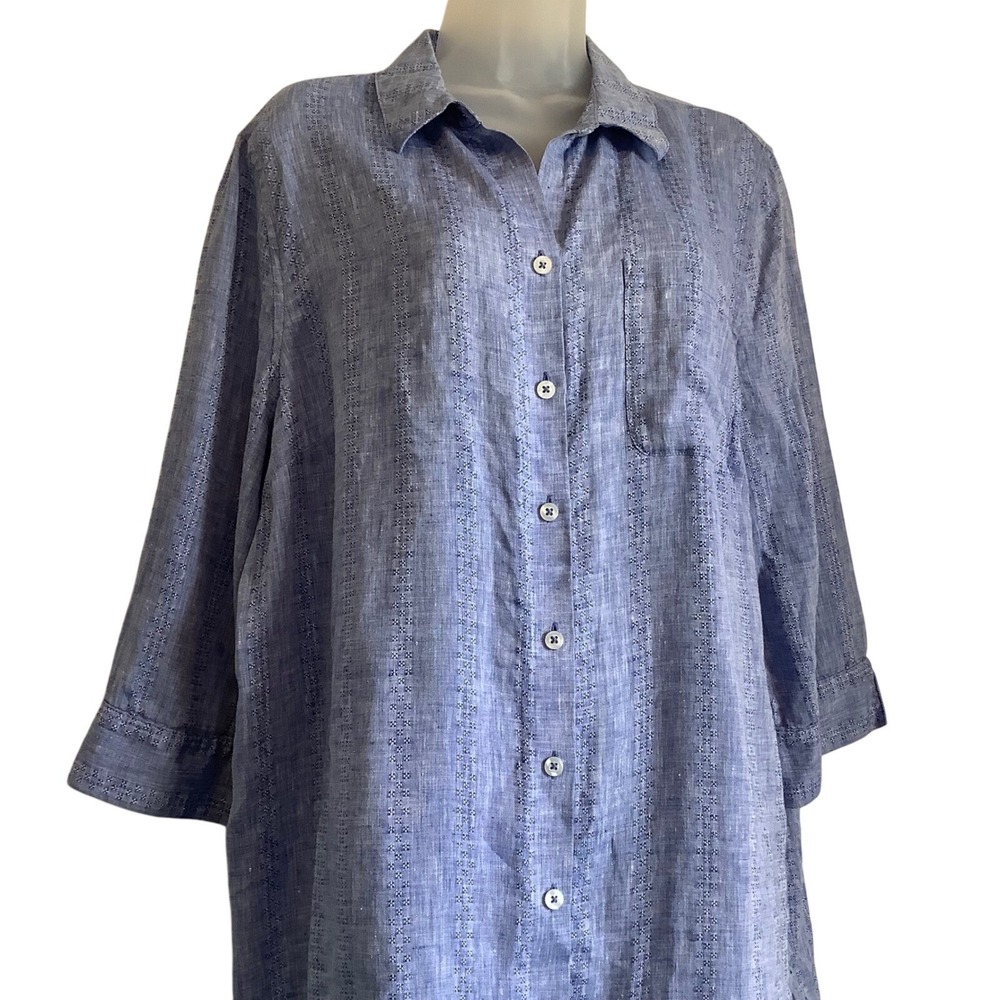 Chico's No Iron Blue Linen Textured Stripe 3/4 Sleeve Button Down Shirt Size 3